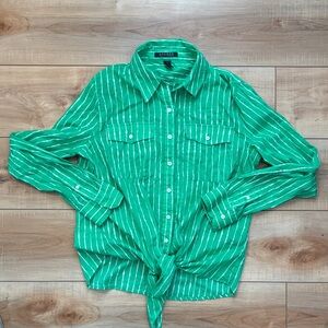 Lauren Ralph Lauren Green and White Striped Tie-Front Button-Down Shirt